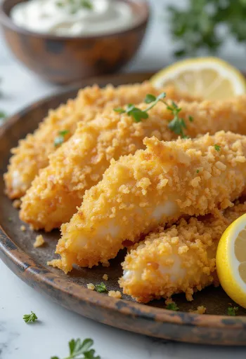 Goldbraun gebackener panierter Fisch, serviert mit frischen Zitronenscheiben und Salat.