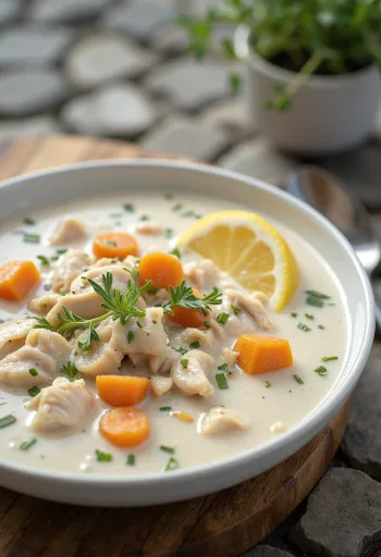 Cremige Estragon-Hähnchensuppe serviert