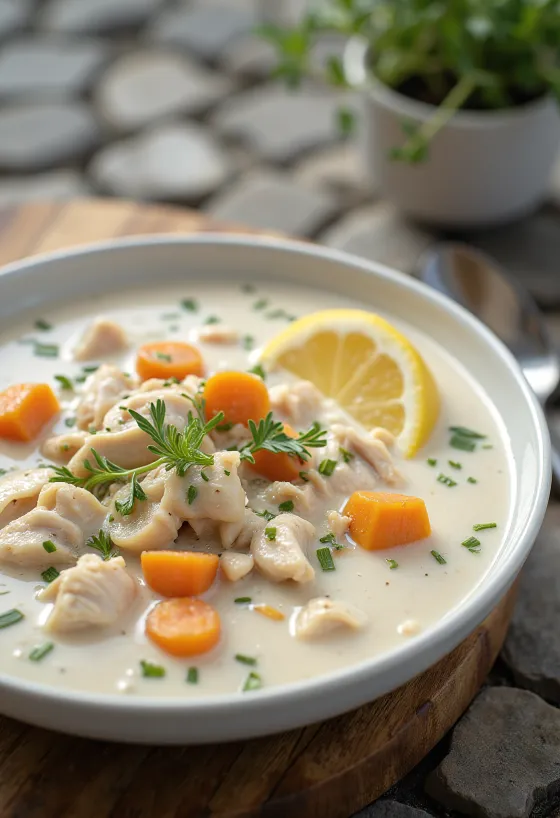 Cremige Estragon-Hähnchensuppe serviert