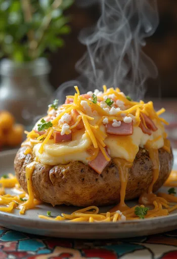 Gefüllte Kartoffel mit Käse, Schinken und Gemüse überbacken