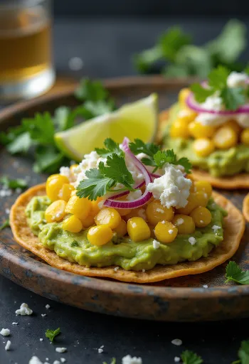 Frisch zubereitete Tostada mit Mais, Avocado und Feta-Käse.