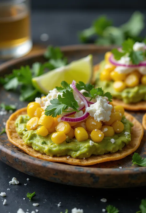Frisch zubereitete Tostada mit Mais, Avocado und Feta-Käse.