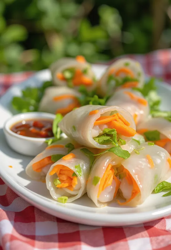 Vegane Sommerrollen serviert mit Sojasauce-Dip