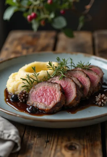 Hirschrücken mit Wacholdersauce serviert mit Röstgemüse