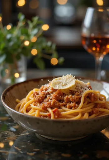 Spaghetti Bolognese mit frischem Basilikum und Parmesan bestreut