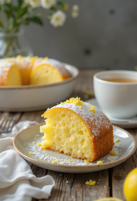 Zitronenkuchen mit frischer Zitronenschale und Puderzucker bestreut