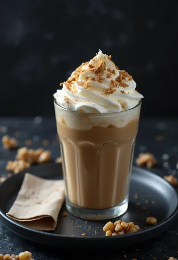 Zimt-Walnuss-Frappuccino, mit Sahne und gemahlenen Nüssen garniert