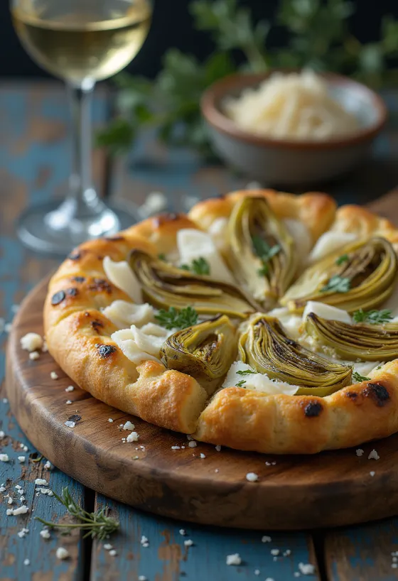 Focaccia mit gegrillten Artischocken und Parmesan auf einem Holzbrett