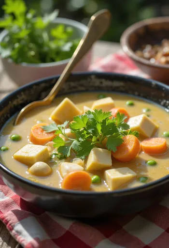 Kasu Jiru mit Tofu, serviert mit Kokosmilch, Tofu und Gemüse