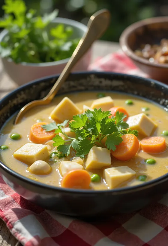 Kasu Jiru mit Tofu, serviert mit Kokosmilch, Tofu und Gemüse