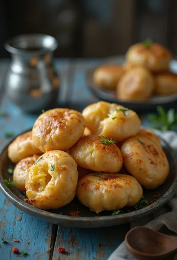 Litti mit Quarkfüllung, goldbraune Teigbällchen