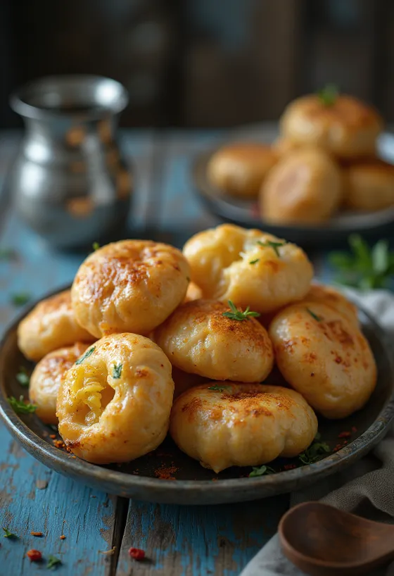 Litti mit Quarkfüllung, goldbraune Teigbällchen