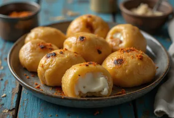 Litti mit Quarkfüllung, goldbraune Teigbällchen