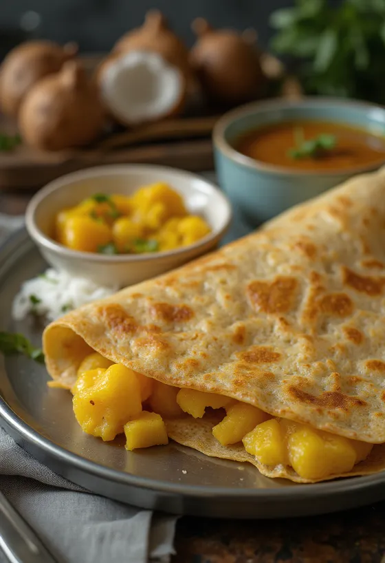 Masala Dosa serviert mit gerösteten Kartoffeln und frischen Kokosraspeln