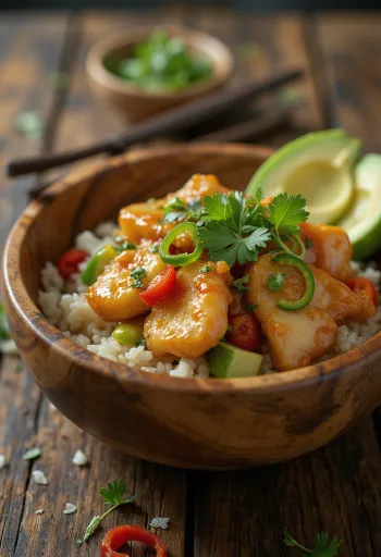 Poké Bowl mit Hähnchen, frischem Gemüse auf Reisbett, garniert mit Koriander und Limette.