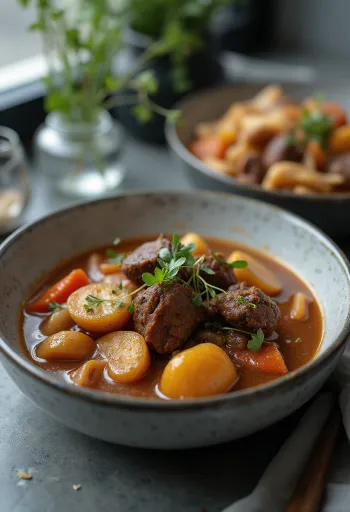 Stachelschwein-Ragout serviert in einer rustikalen Schüssel mit frischen Kräutern.