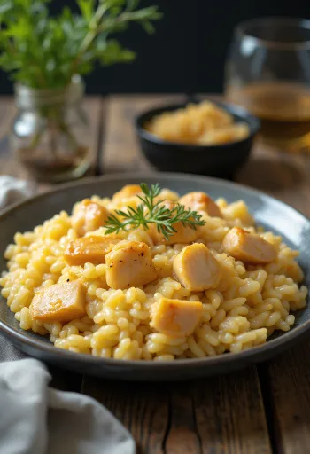 Hähnchen-Risotto serviert mit Parmesan und frischer Petersilie