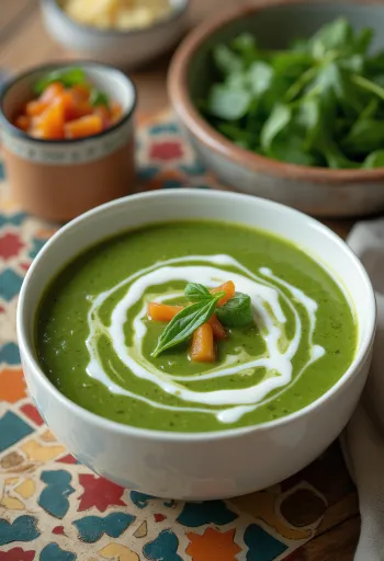 Cremige Spinat-Gemüsesuppe serviert
