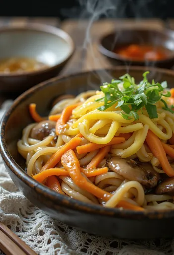Yaki Udon frisch, knusprig gebraten, in reicher Sojasauce, mit Ei serviert