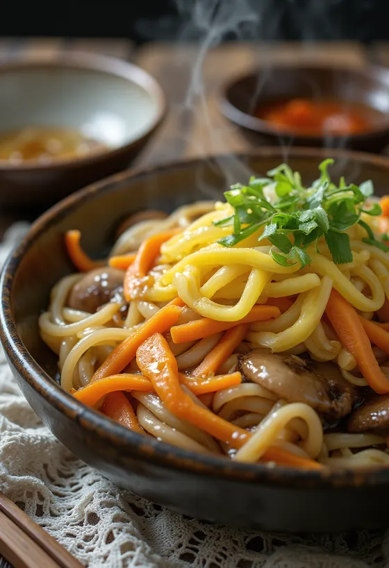 Yaki Udon frisch, knusprig gebraten, in reicher Sojasauce, mit Ei serviert