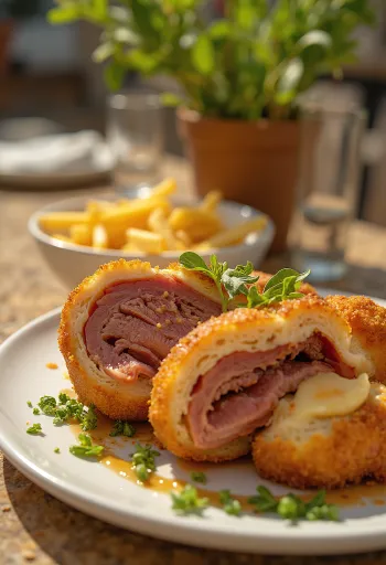 Serviertes Cachopo - spanisches gefülltes Schnitzel
