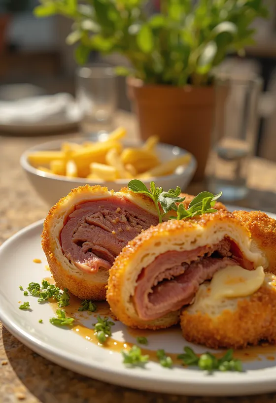 Serviertes Cachopo - spanisches gefülltes Schnitzel