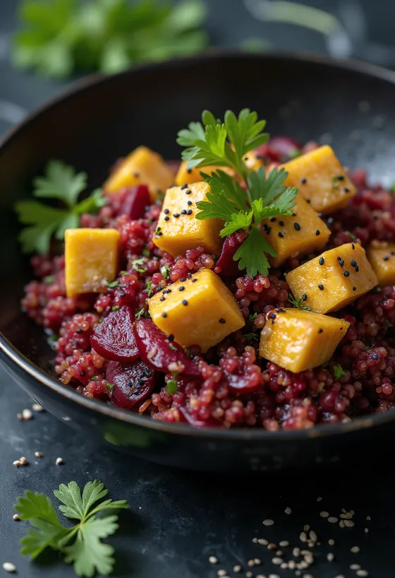 Quinoa-Wok mit Rote Bete und Curry-Tahini-Tofu serviert