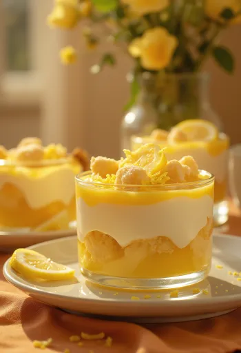Zitronentraum Schichtdessert mit Biskuit und Mascarpone-Creme, dekoriert mit frischer Zitrone
