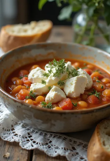 Fasolada mit Feta bestreut, Bohnensuppe serviert mit frischem Olivenöl