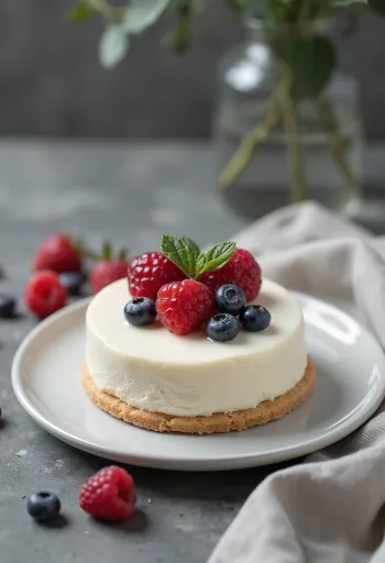 Weiße Schokoladen-Mousse-Torte serviert mit Beerenfrüchten
