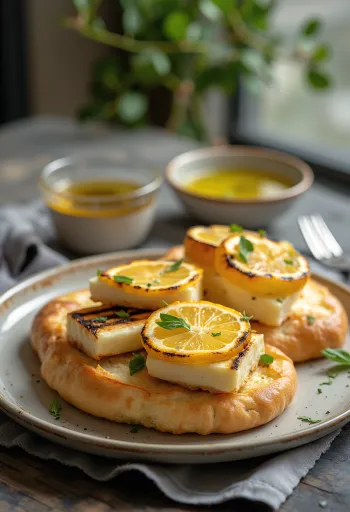 Focaccia mit gegrilltem Halloumi und Zitrone auf einem Teller
