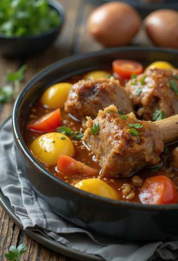 Khashlama serviert mit Lammfleisch und Gemüse