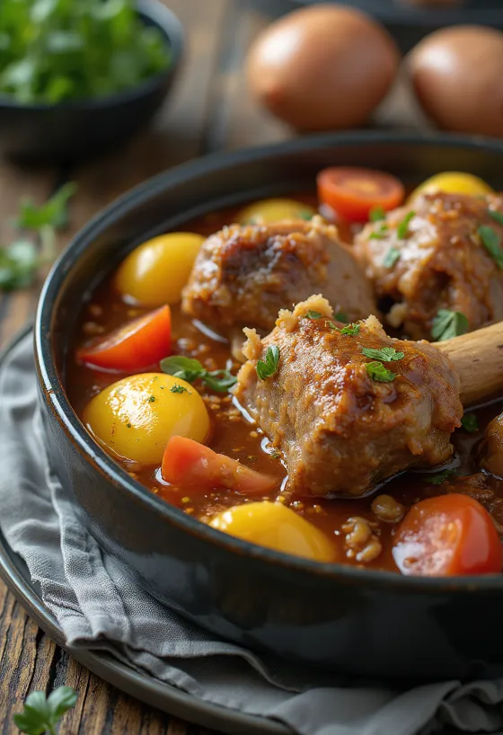 Khashlama serviert mit Lammfleisch und Gemüse