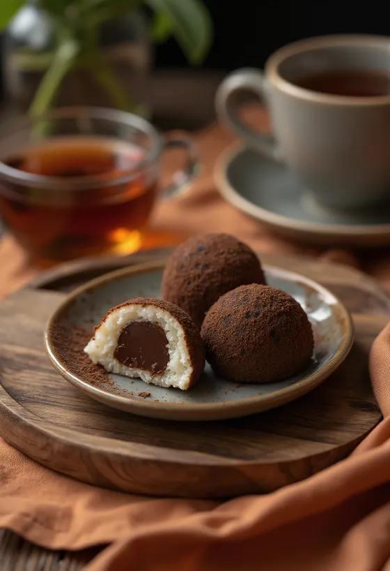 Mochi mit Schokoladenfüllung, in Kakaopulver gewälzt, feine japanische Süßigkeit