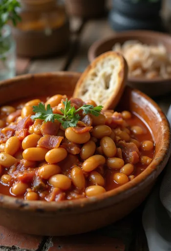 Bohnen in Tomatensauce bestreut mit frischer Petersilie, serviert in einer tiefen Schale.