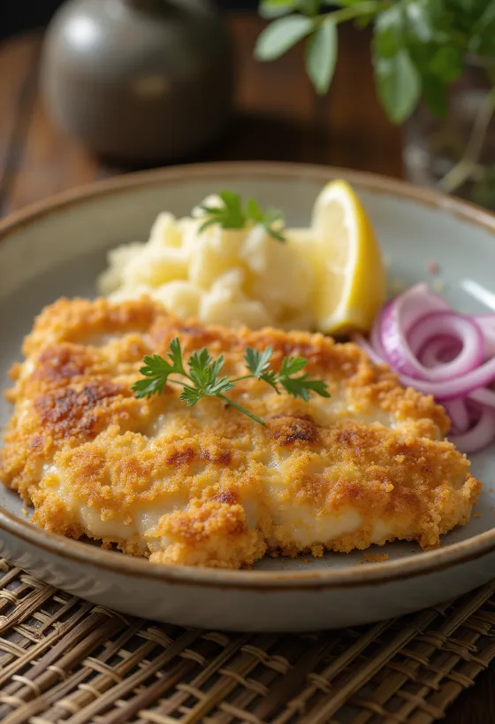 Schweineschnitzel mit Kartoffelsalat auf einem Teller serviert.