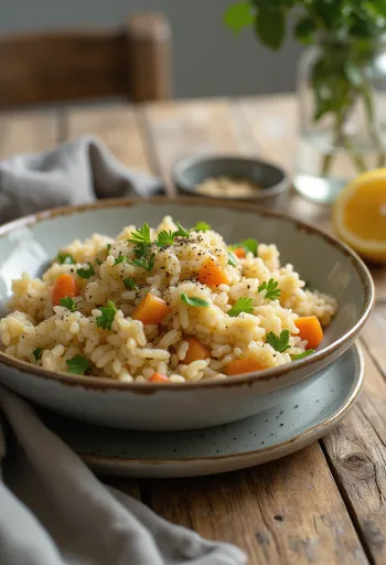 Prebiotischer Gemüsereis serviert mit buntem Gemüse und Naturreis