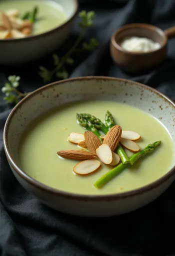Spargelcremesuppe mit Mandelmilch serviert