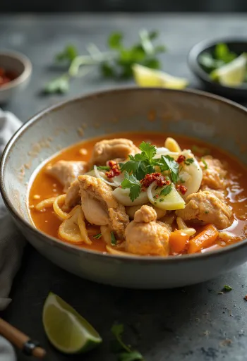 Thai-Kokos-Hähnchen serviert mit Reis, garniert mit Koriander
