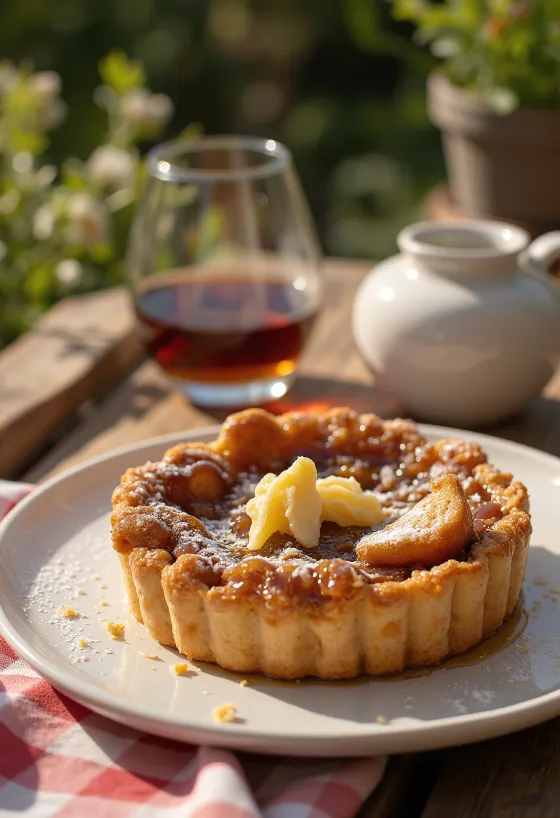 Feine Treacle Tart mit Rum, serviert mit Puderzucker