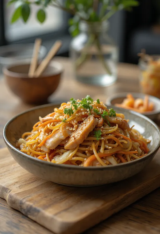 Yakisoba mit Hähnchen, japanisches Wok-Nudelgericht mit knackigem Gemüse