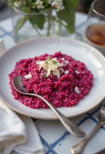 Cremiges Rote-Bete-Risotto, serviert mit frischer Petersilie und veganem Parmesan.