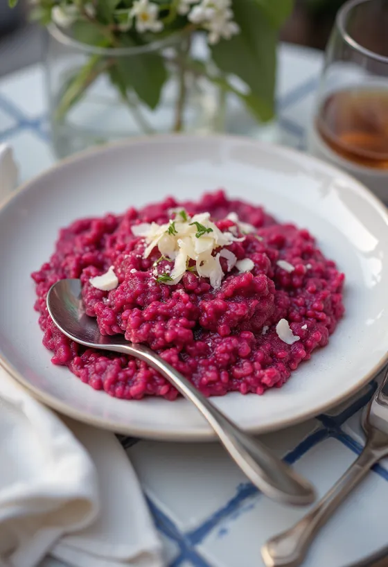 Cremiges Rote-Bete-Risotto, serviert mit frischer Petersilie und veganem Parmesan.