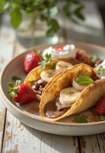 Süße Taco-Schalen gefüllt mit Schokolade, Früchten und Eis