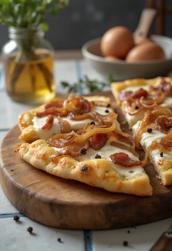 Flammkuchen mit Schmand, Zwiebeln und Speck