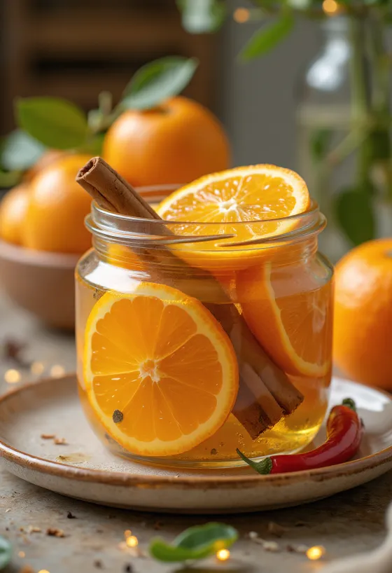 Würzige eingelegte Orangen im Glas