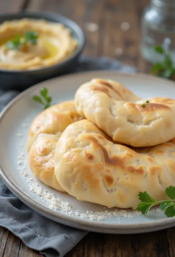 Goldbraun gebackenes glutenfreies Pitabrot, serviert auf einem rustikalen Brett