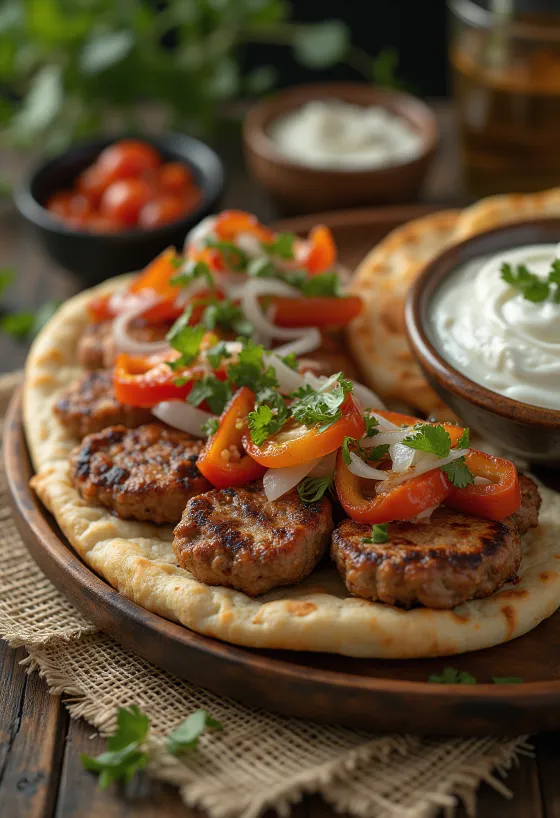 Köfte Kebab gegrillte Fleischbällchen mit Fladenbrot, gegrilltem Gemüse und Joghurtsauce