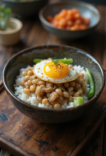 Nattō auf Reis, japanisches Gericht, serviert mit frischem Ei und Frühlingszwiebeln