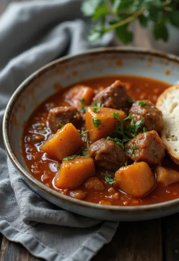 Straußen-Gulasch serviert mit frischem Brot.